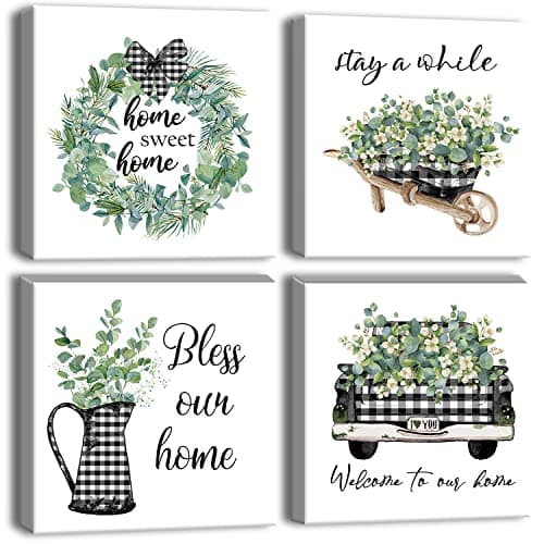 Image of Artscope 4 Pieces Wall Art Canvas Prints - Sweet Home Theme Picture Painting - Modern Wall Artwork Framed for Gifts Bathroom Home Kitchen Office Decor - 30 x 30 CM