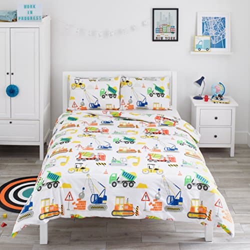 Image of Bloomsbury Mill - Kids Double Duvet Set - Kids Double Bedding for Boys and Girls - Construction Diggers - Childrens Double Bed Duvet Cover Set with 2 x Pillow Cases - 200x200cm