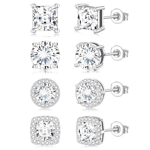 Image of 4 Pairs Cubic Zirconia Stud Earrings, Square Stud Hoop Earrings for Men Women, Anti-sensitive 925 Sterling Silver Stud Earrings Set Gifts for Friend, Parent, Couple