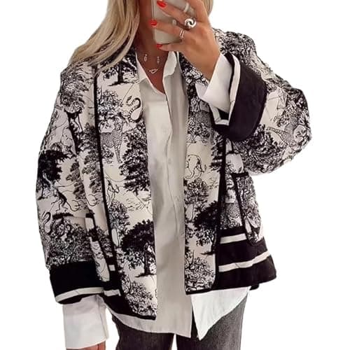 Image of YILKOO Women's Cropped Puffer Jacket Winter Vintage Floral Print Open Front Quilted Jacket (Black, XS)