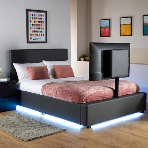 Image of X-Rocker AVA Leather TV Bed with Rotating TV Mount 55", Storage and Cable Management, Ambient Underbed RGB LED Lighting Double 4ft6 Low Sleeper Bedstead, Upholstered Leather Frame XR LIVING - GREY