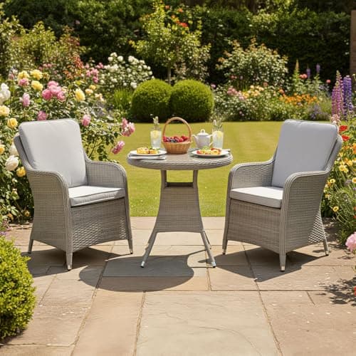 Image of Oseasons Hampton Rattan 2 Seat Bistro Set in Dove Grey - Outdoor Patio Bistro Furniture with Aluminium Frame & Light Grey Cushions