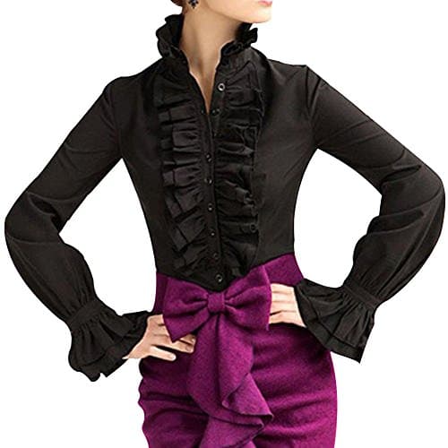 Image of Loalirando Women Vintage Victorian Button Down Trumpet Sleeve Tops High Neck Frilly Ruffle Shirt Blouse (Black, L)
