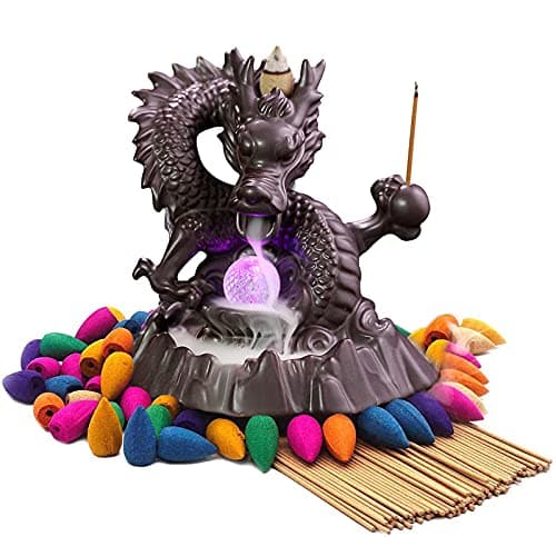 Image of Dragon Incense Waterfall Burner with Color Changing Crystal Ball, Backflow Incense Cones, Insencents Sticks for Home Fragrance and Ornament