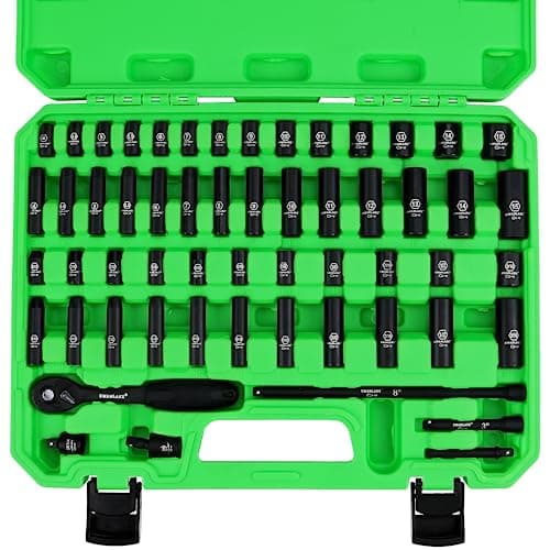 Image of SWANLAKE 56-Piece 1/4" Drive Impact Socket Set, Standard SAE (5/32 to 9/16 inch) and Metric (4-15mm) Size, 6 Point, Cr-V, 1/4-Inch Drive Ratchet Handle, Drive Extension Bar, Impact Universal Joint