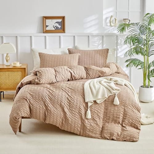 Image of DuShow Double Duvet Cover Set Taupe,Seersucker Duvet Cover Double,Textured Duvet Cover with 2 Pillowcases,Soft Breathable Bedding Set With Zipper-Taupe,200×200cm