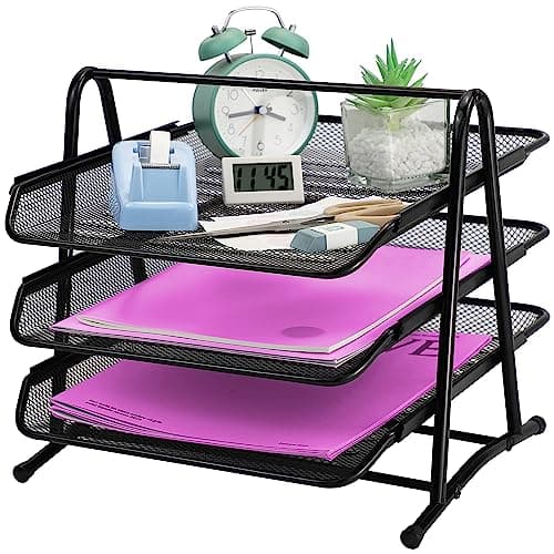 Image of 3 Tier Mesh Letter Tray Office Filing Trays Holder Desk Organiser Stacking Supports Document Filing Trays Paper Holder，Metal File Organizer Tray for School Home And Office (3 Tier)