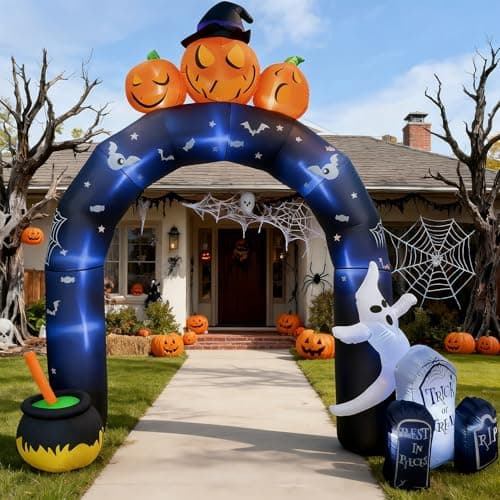 Image of GVDV 10FT Halloween Inflatable Archway with Pumpkins & Ghosts, Outdoor Garden Decoration with 9 LED Lights, Spooky Entrance Arch for Front Garden, Porch, Pathway & Halloween Party Display