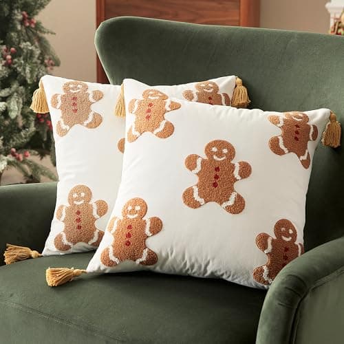 Image of Sonvie Christmas Cushion Covers Set Of 2 with Gingerbread Decor for Christmas, Soft Decorative Square Throw Pillow Cover 45x45cm (18x18 in), Pillows Cases for Bedroom Sofa Couch Decorations