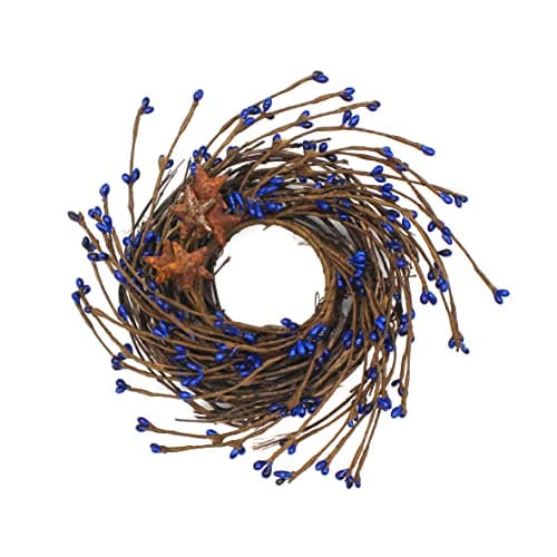 Image of CVHOMEDECO. Primitives Rustic Pip Berries and Twig with Rusty Barn Stars Wreath, 7-Inch, Navy Blue