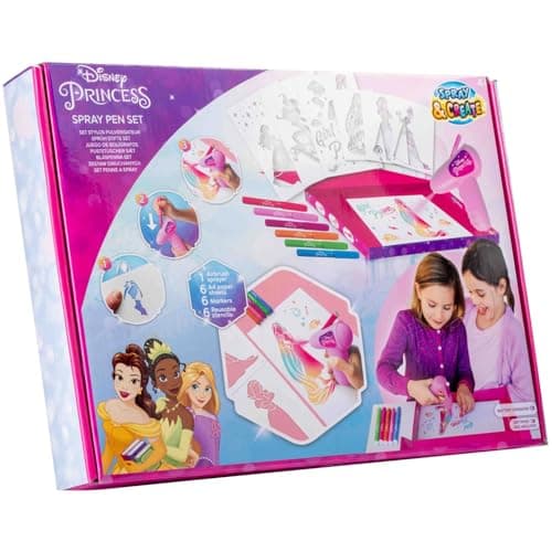 Image of Disney Princess Spray Pen Set - Battery-Operated Airbrush Pens & Stencil Set, 19-Piece with Felt Tip Markers, Templates - Creative Arts & Crafts Colouring Kit for Children 4+ - Disney-Themed Fun