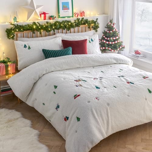 Image of furn. Christmas Together Duvet Set – Embroidered Boucle Fleece Festive Snow Angels Bedding (Snow - Single)