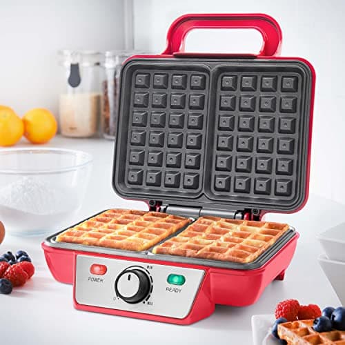 Image of Global Gizmos 37579 Two Slice Waffle Maker/Non-Stick Waffle Machine/Adjustable Temperature/Easy Clean Stainless Steel/Non-Slip Base & Cool Touch Handle/Red Colour