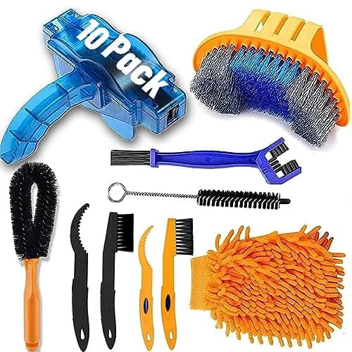 Image of QeeHeng Precision Bicycle Cleaning Brush Tool,Bike Cleaning Tool Set Including Bike Chain Scrubber, suitable for Mountain, Road, City, Hybrid,Dirt,BMX Bike and Folding Bike,10 Pieces