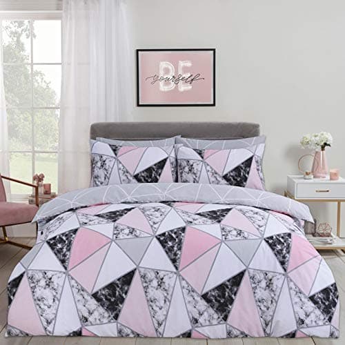 Image of Dreamscene Marble Geometric Duvet Cover with Pillow Case Bedding Set Reversible Shapes, Grey Blush Pink - King