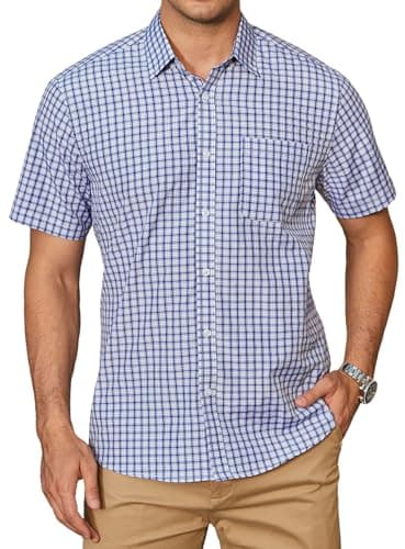 Image of HISDERN Mens Checked Shirt Short Sleeve Blue Plaid Shirts for Mens Summer Casual Formal Business Button Down Gingham Checkered Work Regular Fit with Pocket L