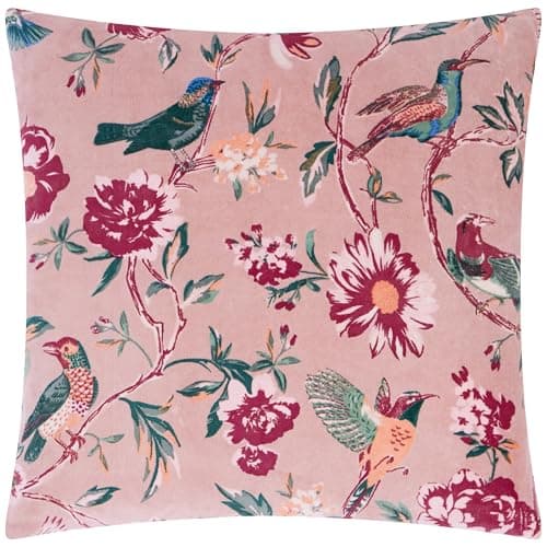 Image of furn. Wylder Aviary Cushion Cover – Cotton Velvet Country Garden Bird Decorative Case (Blushed Rose – 50x50cm)