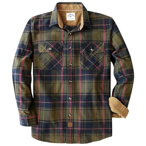 Image of Dubinik® 6 oz Flannel Shirt for Men Long Sleeve Button Down Shirts Plaid All Cotton Soft Brushed Utility Casual Olive Green Navy L