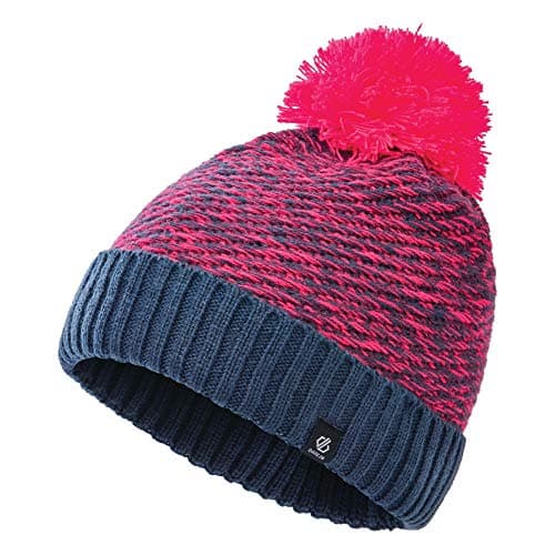 Image of Dare 2b Hastily II Acrylic Knit Fleece Lined Bobble Detail Exterior Rib Roll Cuff Beanie Headwear - Dark Denim/Neon Pink, 11-13