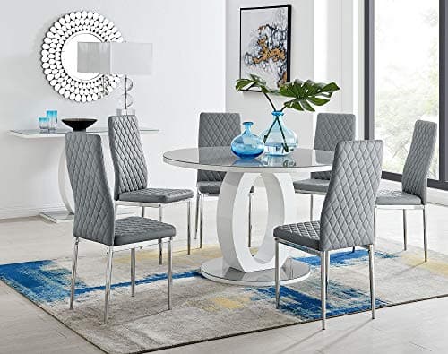Image of Furniturebox UK Giovani Modern Stylish Grey/White High Gloss and Glass Large Round Dining Table and 4/6 Contemporary Milan Chairs Set (Dining Table + Grey Milan Chairs, 6 Chairs)
