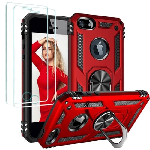 Image of Jeylly Phone Case for iPhone SE 2016 (1st gen), iPhone 5/5S Case with 2Pcs HD Screen Protector, Military Grade Drop Protection Magnetic Ring Stand Holder Rugged Cover for Girls Boys Kids, Red/Black
