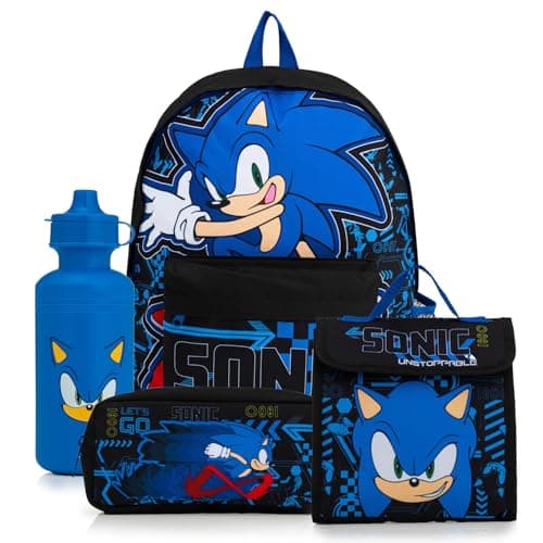 Image of Sonic The Hedgehog Backpack 4 Piece School Set with Lunch Bag, Pencil Case & Water Bottle | Boys Rucksack with Padded Adjustable Straps – Back to School Supplies
