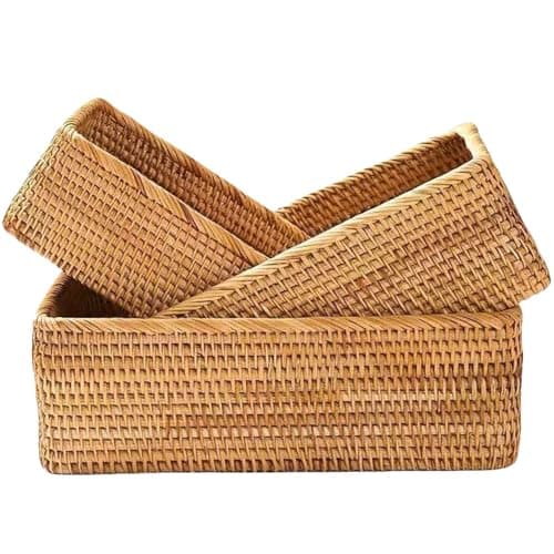 Image of Rattan Storage Baskets, Wicker Baskets for Organizing, Hand Woven Decorative Box for Kitchen Counter, Living Room, Bathroom, Set of 3 (Rectangular)