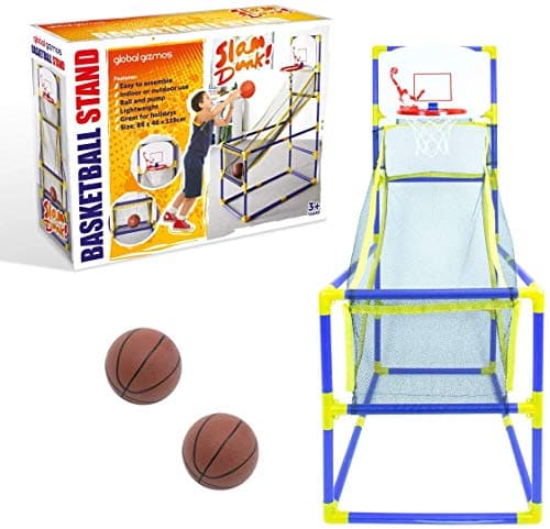 Image of Global Gizmos 55639 Arcade Basketball Hoop/Indoor, Outdoor Use/Easy To Assemble / 2 Balls & Pump Included/Kids Games / 86cm x 46cm x 139cm, Blue & Yellow