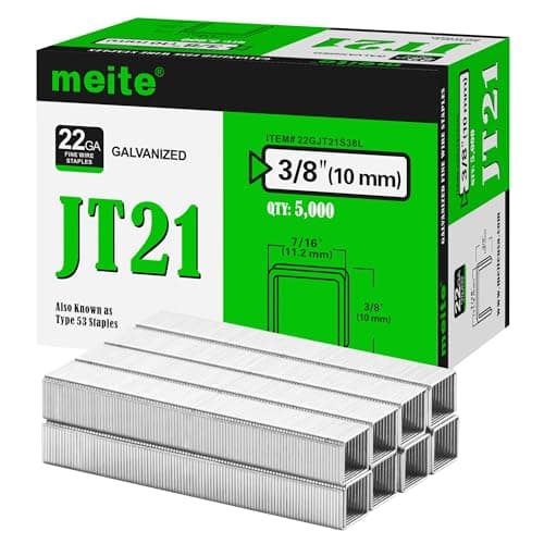 Image of meite Type 53/10 mm Staples, Galvanised JT21 Staples for Staple Gun, Fine Wire, 7/16" (11.2 mm) Crown Type 53 Staple Refill, Ideal for Upholstery, Crafts, Furniture (5,000 Counts)