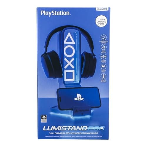 Image of Paladone PlayStation 3-in-1 Headphone Stand and Tech Charging Station with Console Controller Cradle and 2 USB-C Ports, RGB Colour Changing Light Panel, Officially Licensed Gift for Gamers