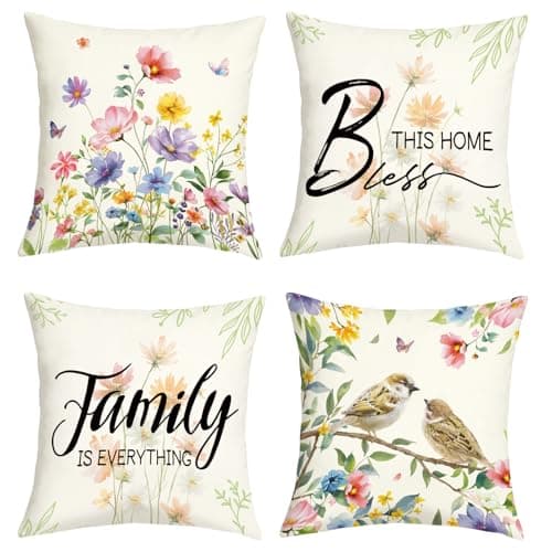Image of Joymaison Spring Watercolor Floral Cushion Covers 45 x 45 Pack of 4 Wildflowers Birds on Flower Branch Seasonal Square Throw Pillow Case Decorative Sofa Cushion with Invisible Zipper