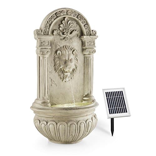 Image of Blumfeldt Löwenstein garden fountain with LED lighting, lion head edition antique wall decorative for outdoor use, solar panel, battery: 2000 mAh, twilight sensor, natural stone look, grey