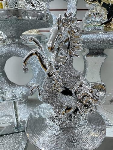 Image of DEENZ Chrome Crushed Diamond Horse With Baby Crystal Jewel Ornament Statue Shelf Home Décortion Bedroom Living Room (Silver)