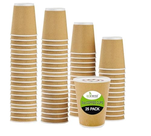 Image of Best House EcoWise Brown 8-OZ Hot Beverage Cups with Ripple Wall Design, Perfect for Cafes – Eco-Friendly Recyclable Paper-Takeaway Coffee Cups (Pack of 25)