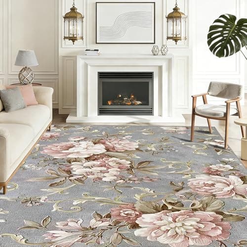 Image of WQMMD Pink Large Floral Rugs Living Room 140x210cm Vintage Washable Non Slip Area Rugs Retro Floral Extra Large Carpet for Bedroom Dining Room Hall Lounge Indoor Home Decor Pink Grey and Green