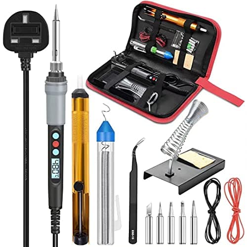 Image of Soldering Iron Kit, 90W Adjustable Temperature Soldering-Iron Gun Kit Welding Tool with 5 Soldering Tips, Desoldering Pump, Tin Wire Tube, Stand, Tweezers