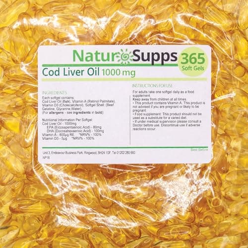 Image of Cod Liver Oil Capsules High Strength 1000mg, 365 Omega 3 Softgels, EPA DHA Vitamin A Vitamin D3, 1 Year Supply, Gluten Free, UK Made by Natur Supps
