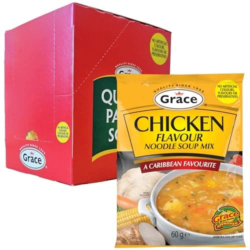 Image of Grace Chicken Flavour Noodle Soup Mix 12 x 60g – Caribbean Style Instant Soup Sachets with Noodles and Seasoning – No Added MSG – Quick and Easy Meal Solution