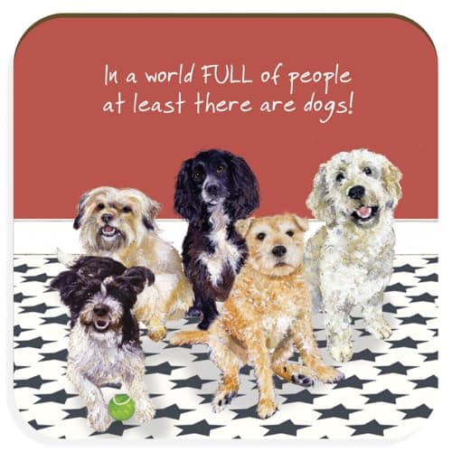 Image of Full People Cork Coaster with Lacquered Surface, Dog Lover Design, Single Unit, Square 10.5cm, Wipeable Not Washable, Heat Resistant