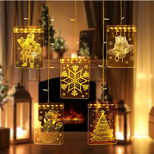 Image of Festive Fix LED Christmas Window Lights Square – 54 LED 3D Acrylic Hanging Santa, Snowflake, Bells & Tree Designs, USB-Powered Light Up Xmas Window Decorations for Indoor & Outdoor Displays