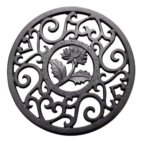 Image of 11.5CM Round Cast Iron Trivet Tea Pot Carved Stand, Delicate Vintage Pattern Heat-Insulation Ironwork Mat Metal Coasters with Peg Feet Protect Desktop Table Dining Decor Valentine's Day Gift (Black)