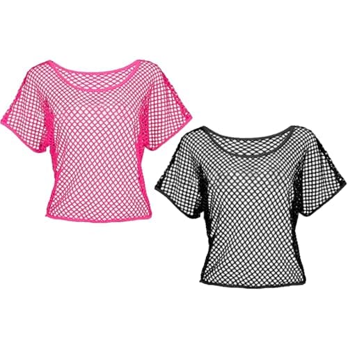 Image of DAVBNM 2PCS 80s Neon Fishnet Top, Mesh T-Shirt for Women Girls, 1980s Neon Fancy Dress Disco Costume, for Retro Theme Party (Black and Pink)