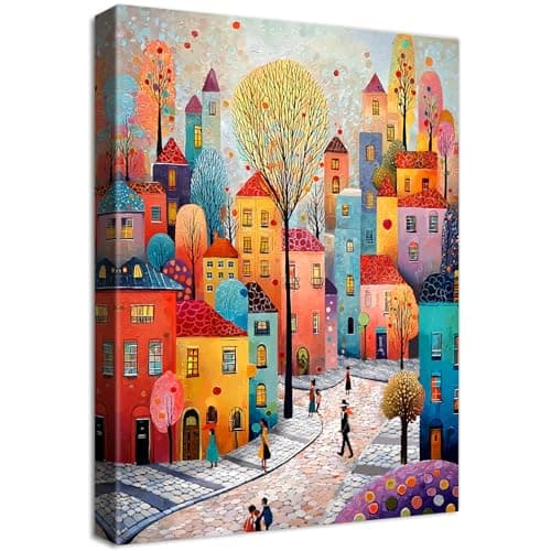 Image of Wooden Framed Canvas Wall Art Colourful Town Painting on Canvas Prints Poster Artwork Fantasy House Trees Pictures for Living Room Bedroom Bathroom Dining Room Hallway Wall Decoration 30x40cm