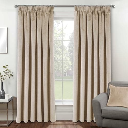 Image of Enhanced Living Oxford Premium Velvet Cream Blackout Curtains for Curtains for Bedroom - Supersoft Tape Top Curtains - 66x90 inch (168x229 cm) - 2 x Curtain Panels