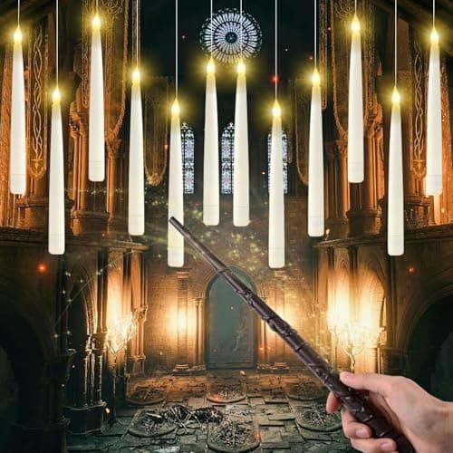 Image of Floating Candles with Magic Wand Remote, 12pcs Flameless Candles, Floating Led Candles, Battery Candles Flickering for Harry Potter, Halloween Decoration Candles for Home Room Ceiling Closet Outdoor