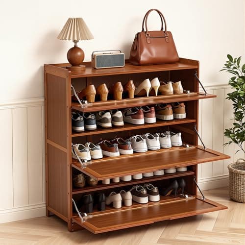 Image of Warmiehomy Shoe Storage Cabinet, 5-Tier Shoe Cupboard with Pull Down Doors, Saving Space Shoes Storage Organiser Rack for Entryway, Hallway, L80 x W33 x H85cm, Brown