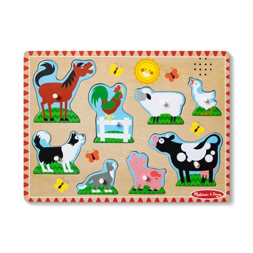 Image of Melissa & Doug Farm Animals Sound Puzzle – 8-Piece Wooden Peg Puzzle with Realistic Sounds (Ages 2+)