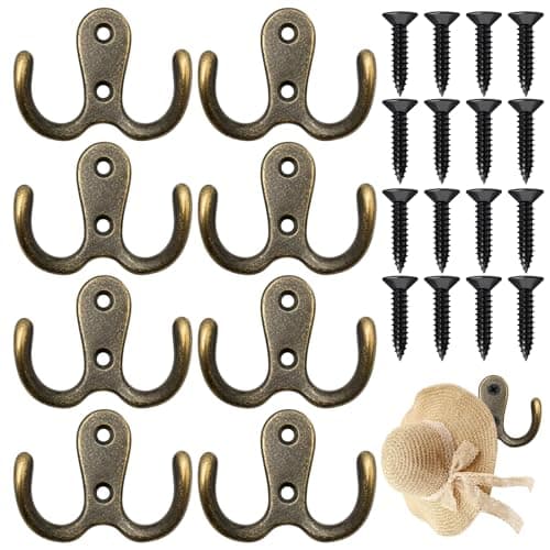 Image of TGDIVYA 8PCS Antique Brass Colored Coat Hooks Set with Fasteners, Brass Colored Coat Hooks Double Hook Design, Antique Brass Colored Hooks Wall Mount, Coat Hooks Brass Colored for Hats Bags