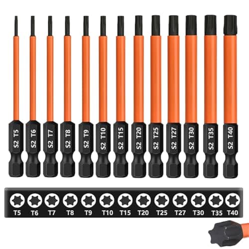 Image of Saipor 13-Piece 3 inch /75 mm Long Torx Bit Set for Impact Driver, S2 Steel Star Bit Set (T5-T40), 1/4'' Hex-Shank Magnetic Torx Screwdriver Bit, Torx Head Drill Bit Set with CNC Machined Tips