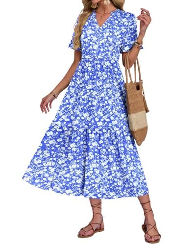 Image of AUSELILY Maxi Dresses for Women UK V Neck Casual Long Summer Dress Short Sleeve Beach Cover-ups Swing Floral Ladies Dresses with Pockets Blue White Floral M